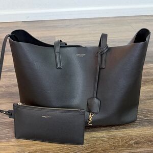 Saint Laurent Black Leather Tote with Gold YSL Charm and Pouch